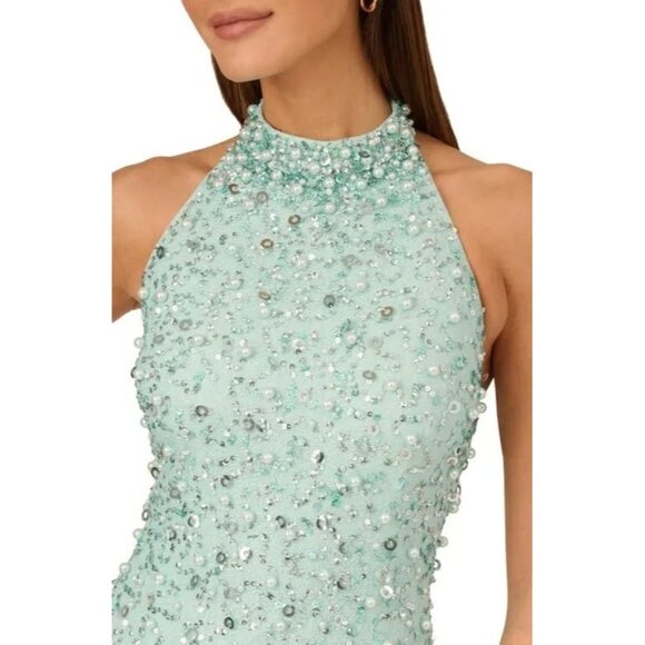 275$ Adrianna Papell Beaded Halter Neck Cocktail Mini Dress Size 12 Fresh Mint - Picture 3 of 3